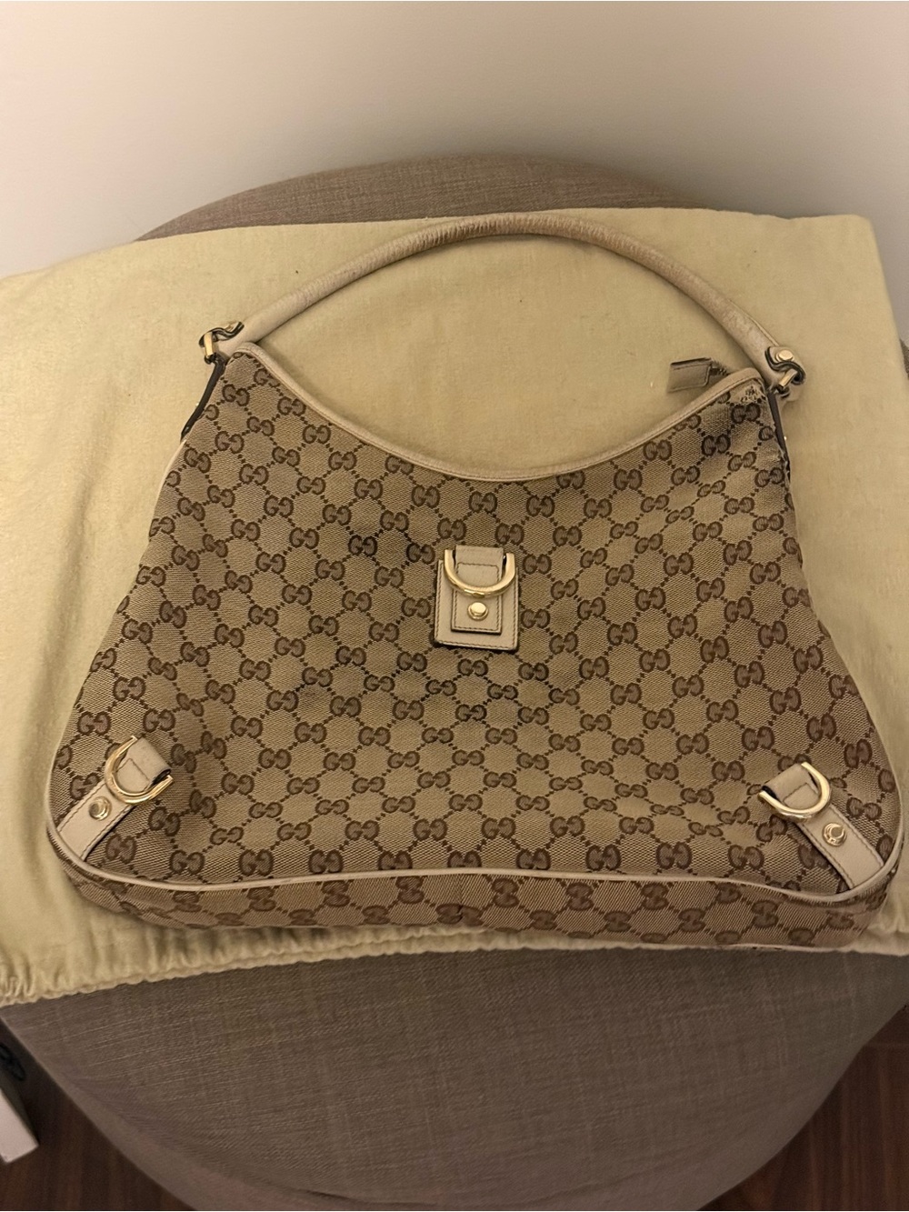 Gucci Beige GG Canvas Hobo Shoulder Bag with Gold-Tone Hardware